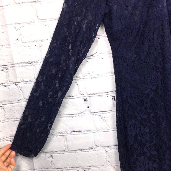 XJF.MC Whimsigoth Navy Feminine Romantic Lace Long Sleeve Knee Length Dress M - Picture 4 of 13